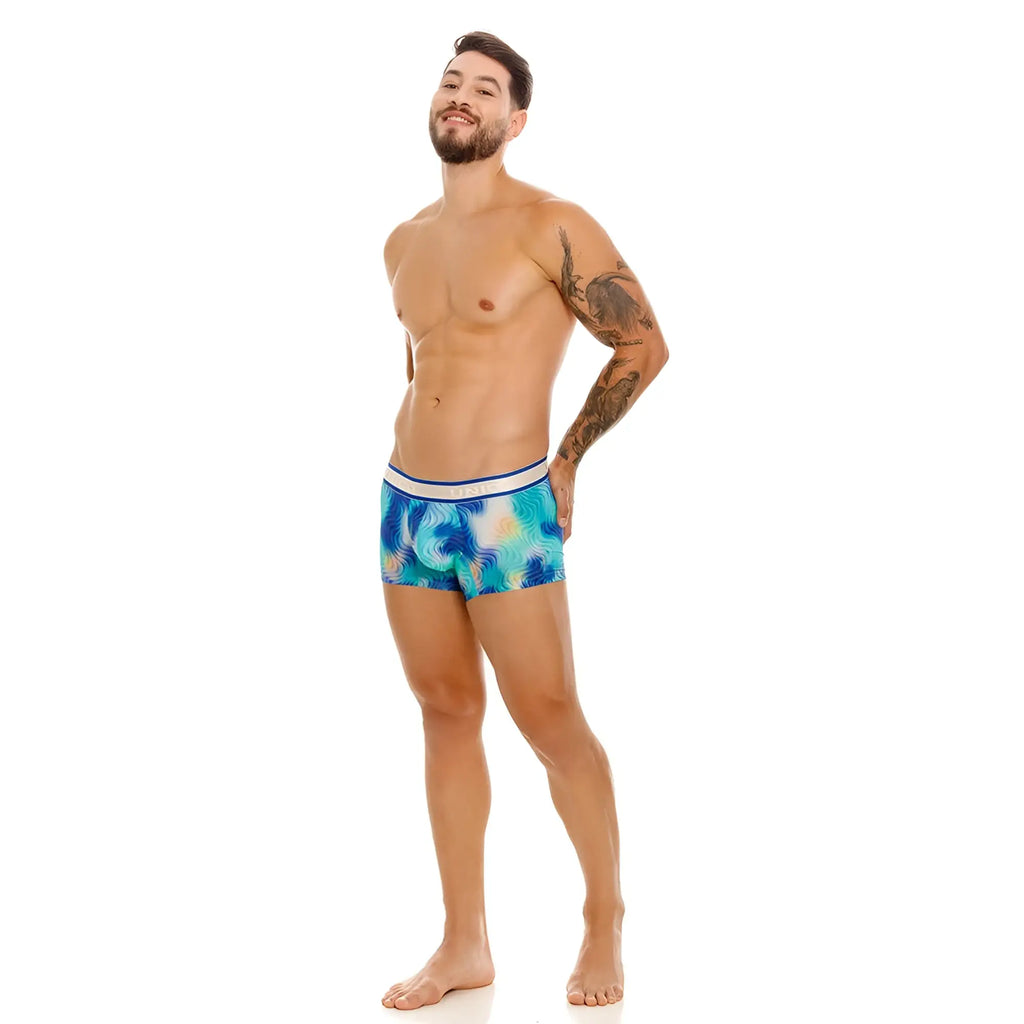 Unico moscatel trunks blue patterned boxer briefs with teal accents and a white waistband