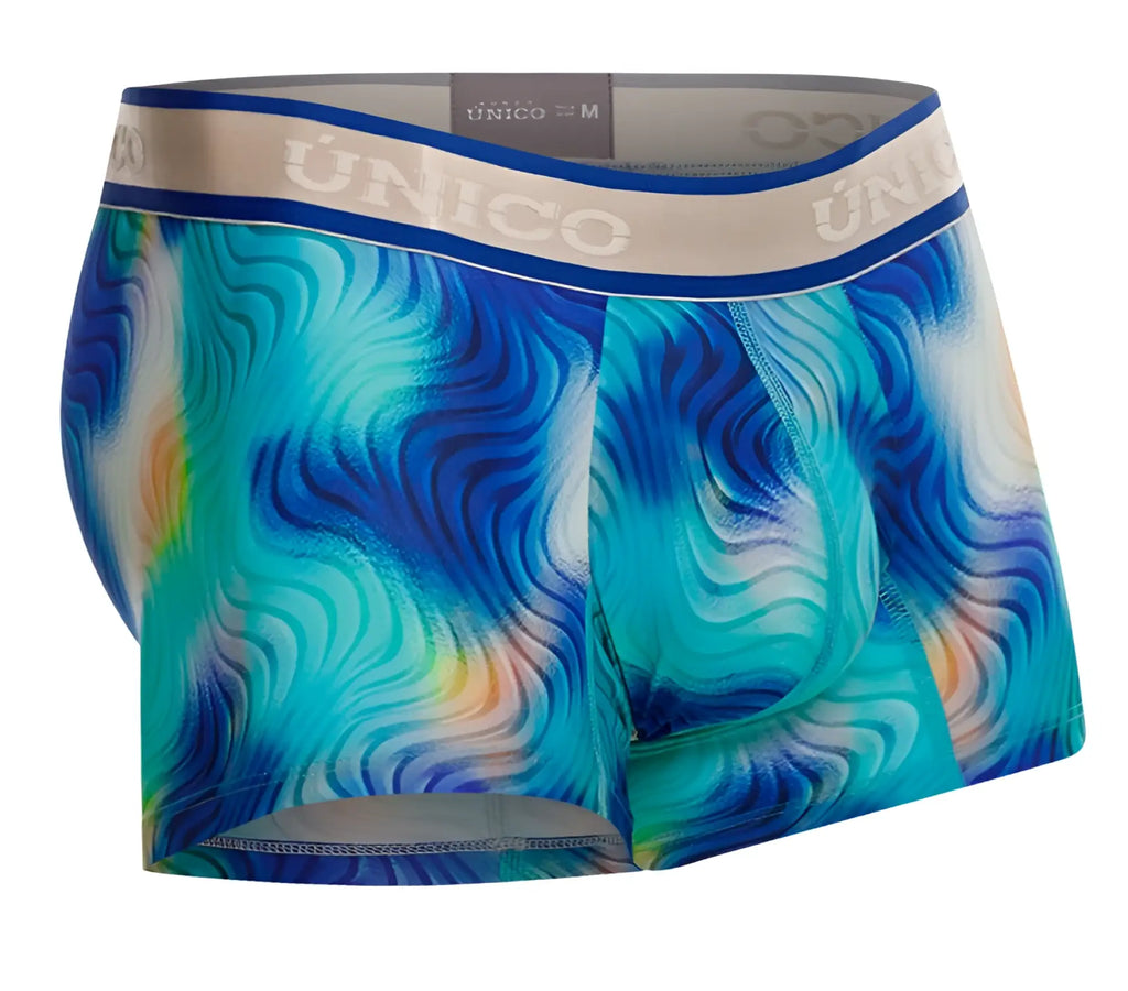 Unico 24100100105 Moscatel men’s boxer briefs in blue and teal wave pattern with beige waistband and brand name