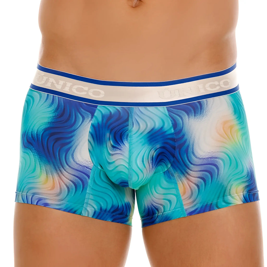 Unico 24100100105 moscatel trunks blue and teal wave patterned men’s boxer briefs with white waistband and logo