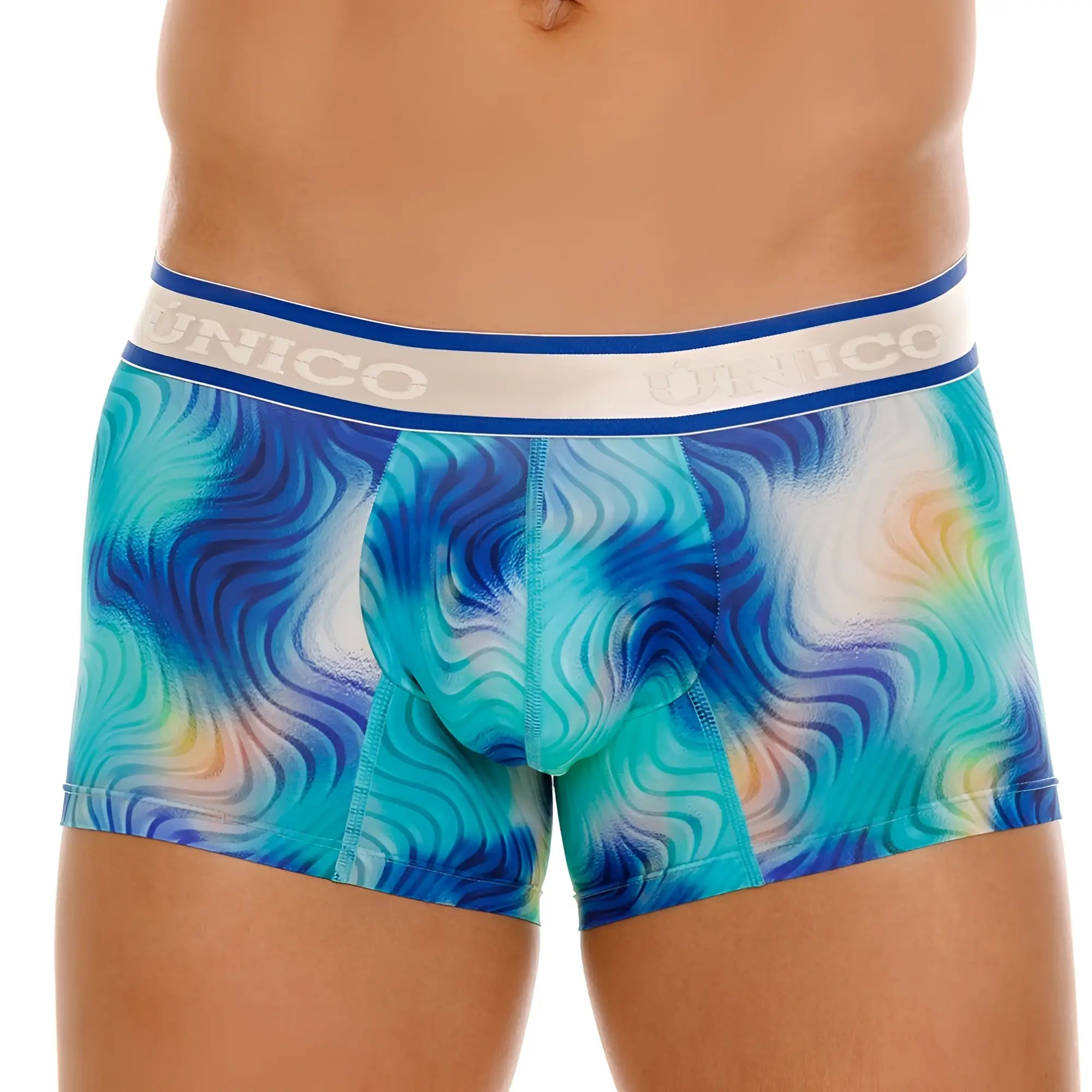Unico 24100100105 moscatel trunks blue and teal wave patterned men’s boxer briefs with white waistband and logo