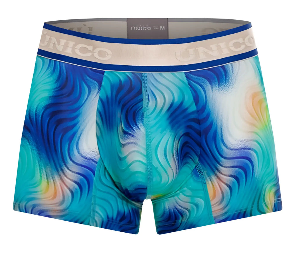 Unico 24100100105 Moscatel trunks men’s boxer briefs in blue and teal wave pattern with navy waistband