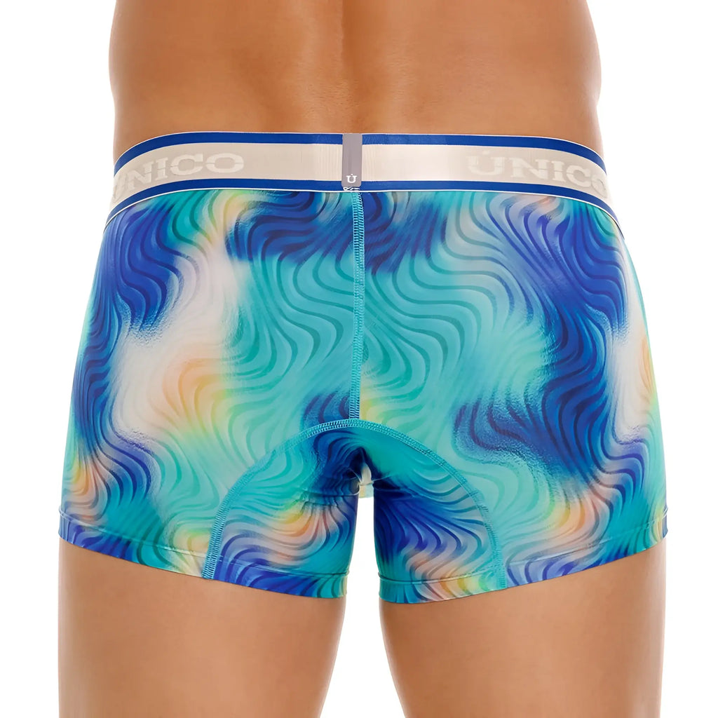 Unico 24100100105 Moscatel trunks in blue teal and yellow wavy pattern with white waistband featuring Unico logo
