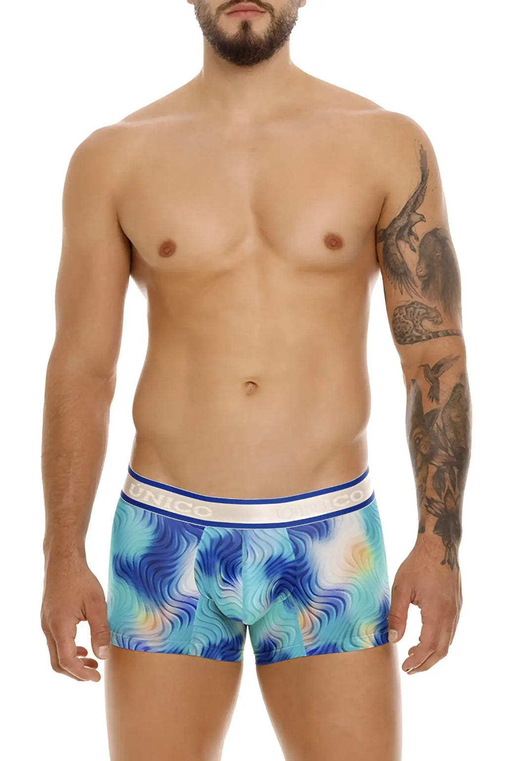 Unico 24100100105 moscatel trunks blue boxer briefs with turquoise wave pattern and white elastic unico waistband
