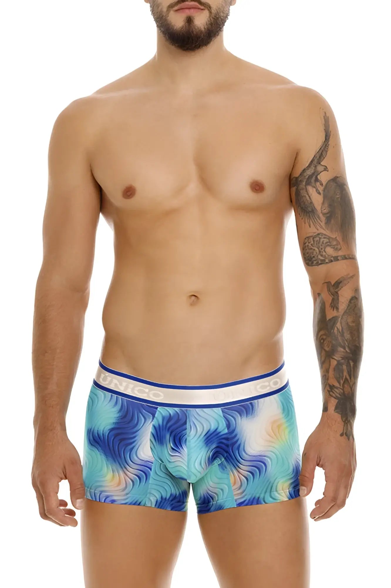 Unico 24100100105 moscatel trunks blue boxer briefs with turquoise wave pattern and white elastic unico waistband