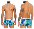 Blue and turquoise abstract wave-patterned unico moscatel trunks with white waistband featuring brand name