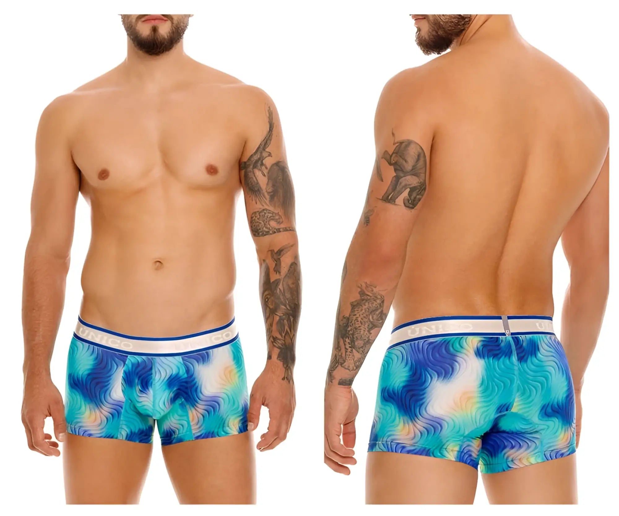 Blue and turquoise abstract wave-patterned unico moscatel trunks with white waistband featuring brand name