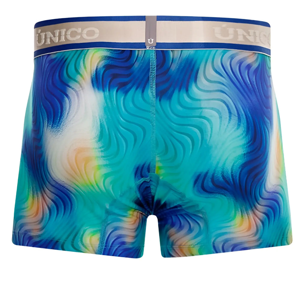 Unico 24100100105 moscatel trunks boxer briefs in vibrant blue teal and orange tie dye with navy único waistband