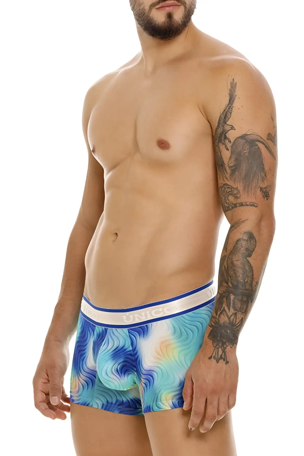 Blue and white patterned unico 24100100105 moscatel men’s boxer briefs with swirling oceanic design color 46-blue