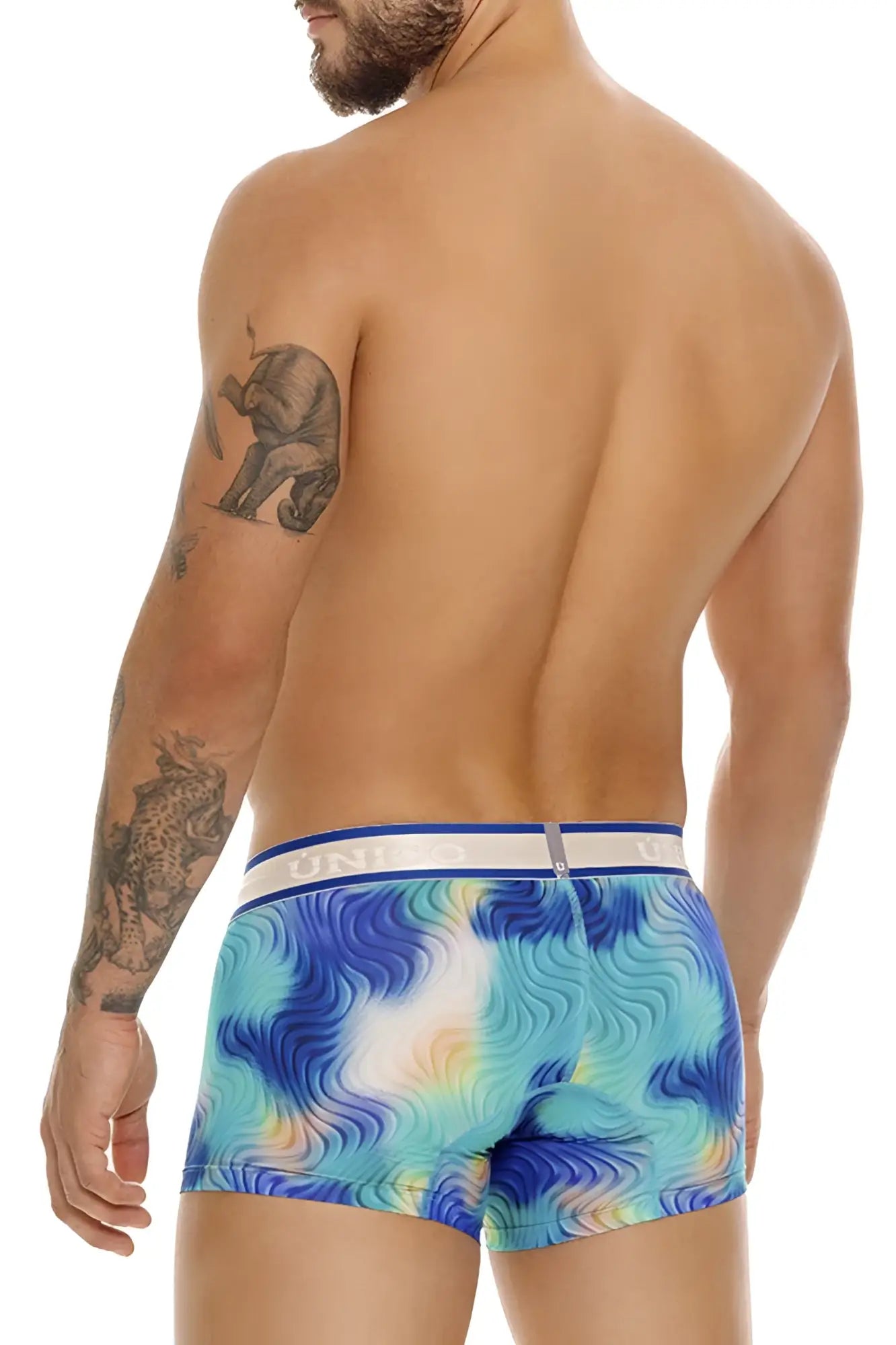 Blue and white tie-dye men’s briefs with blue waistband branded unidos unico 24100100105 moscatel trunks color 46-blue