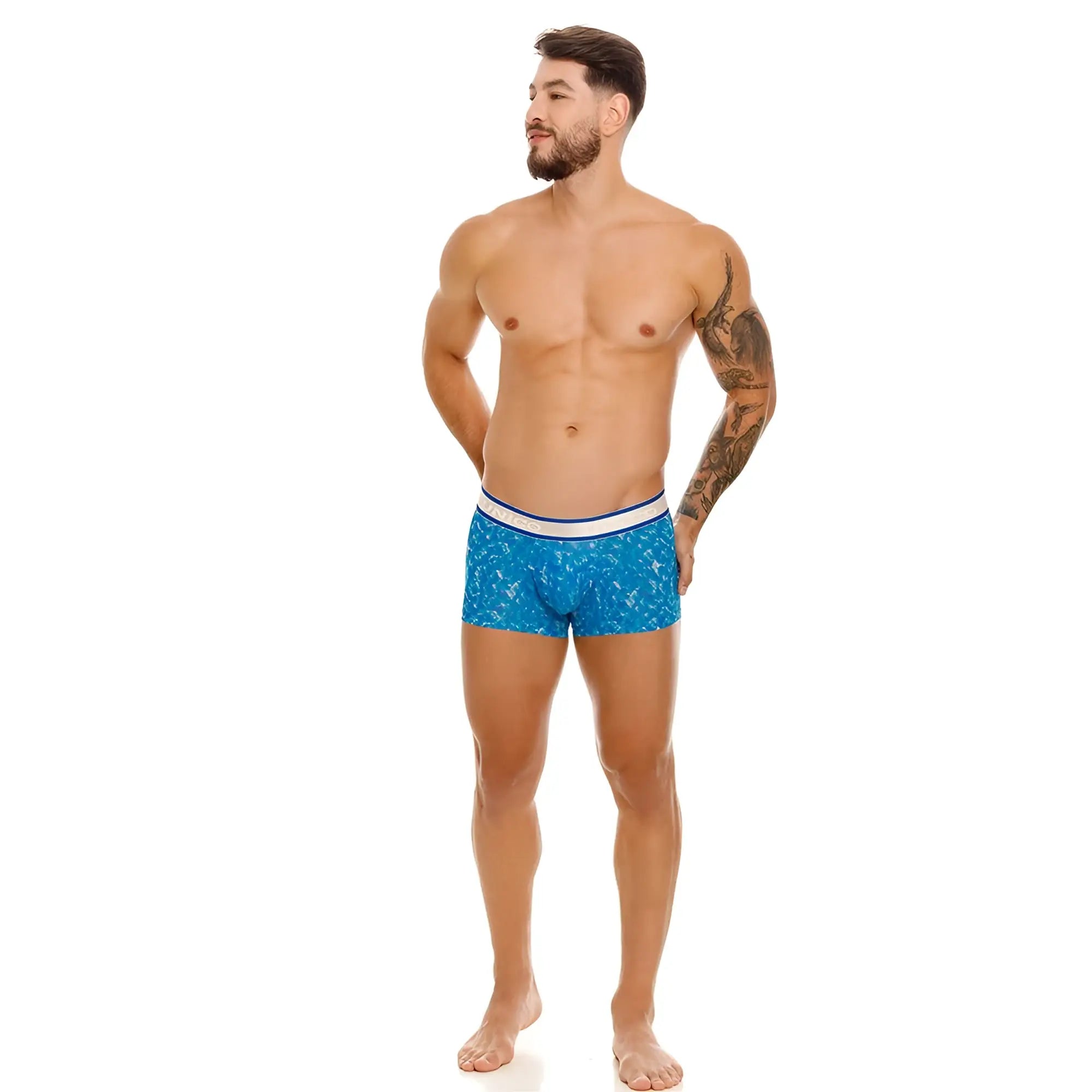 Blue patterned Unico 24100100106 Palindromo trunks with white and blue elastic waistband for comfortable wear