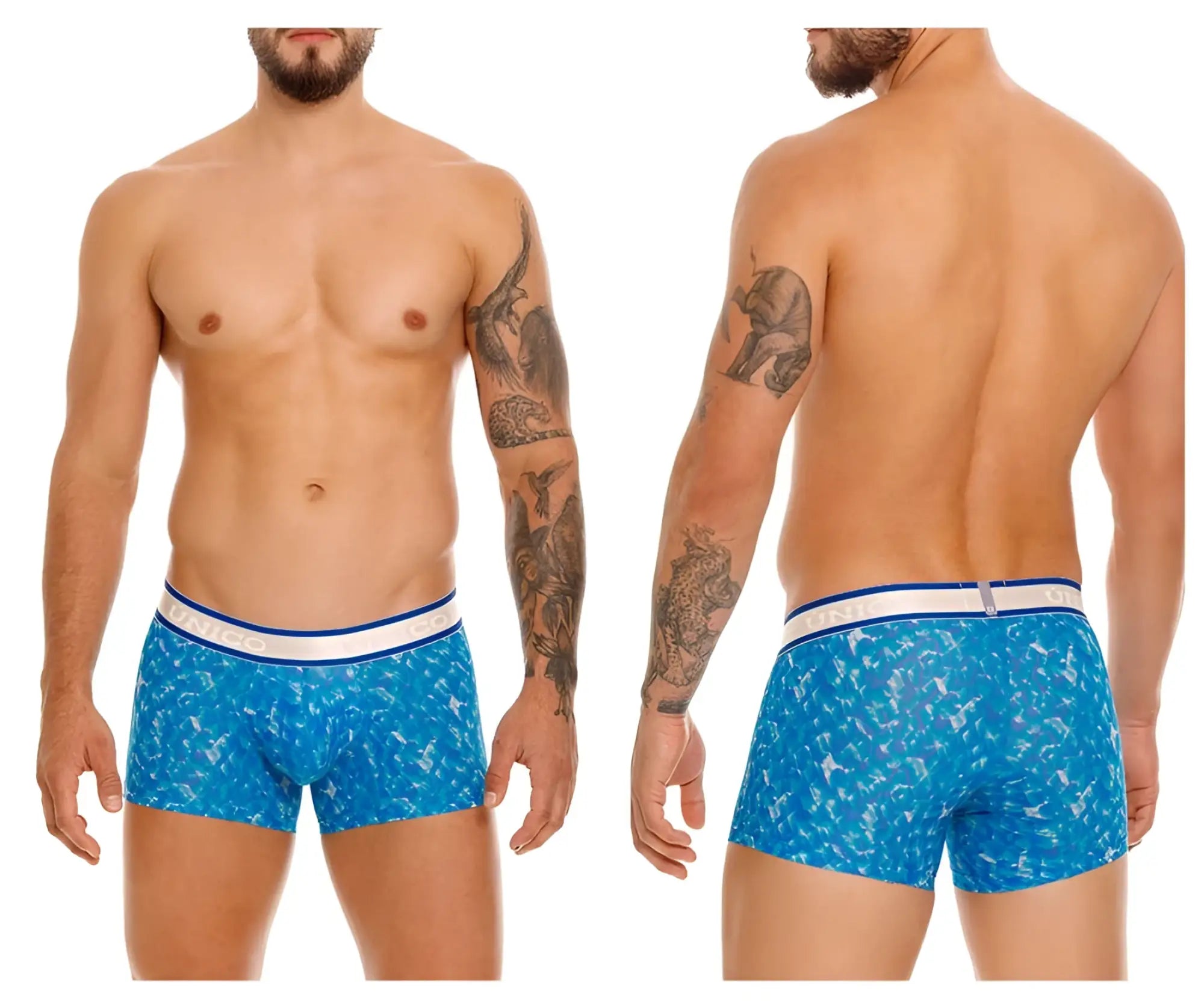 Unico 24100100106 palindromo trunks blue boxer briefs with blue pattern and white and blue striped waistband