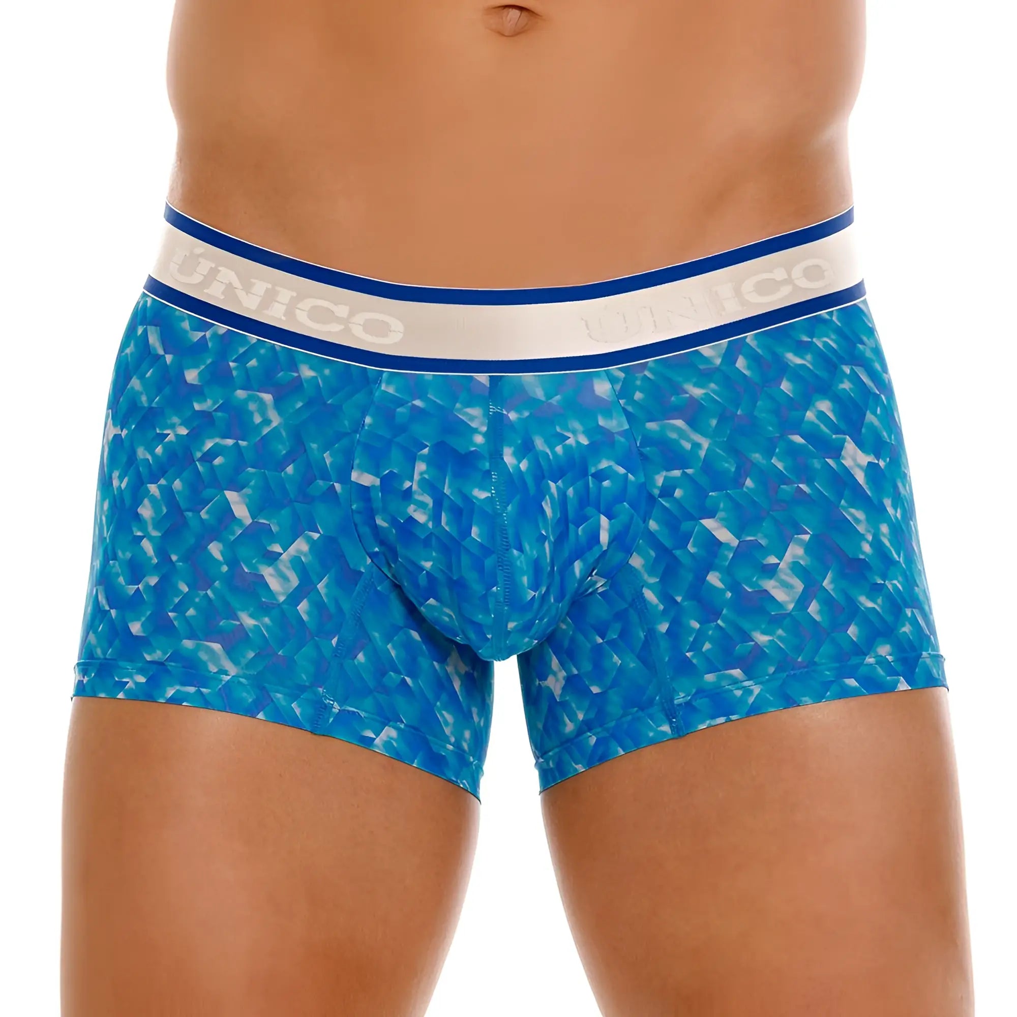 Unico 24100100106 palindromo trunks blue men’s boxer briefs with blue patterned fabric and white blue elastic waistband