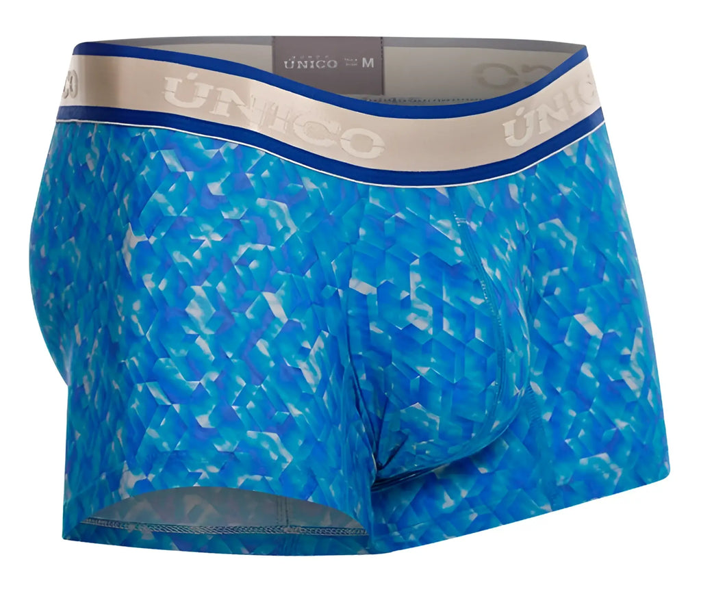 Blue patterned men’s boxer briefs with a beige unico waistband from unico 24100100106 palindromo trunks color 46-blue