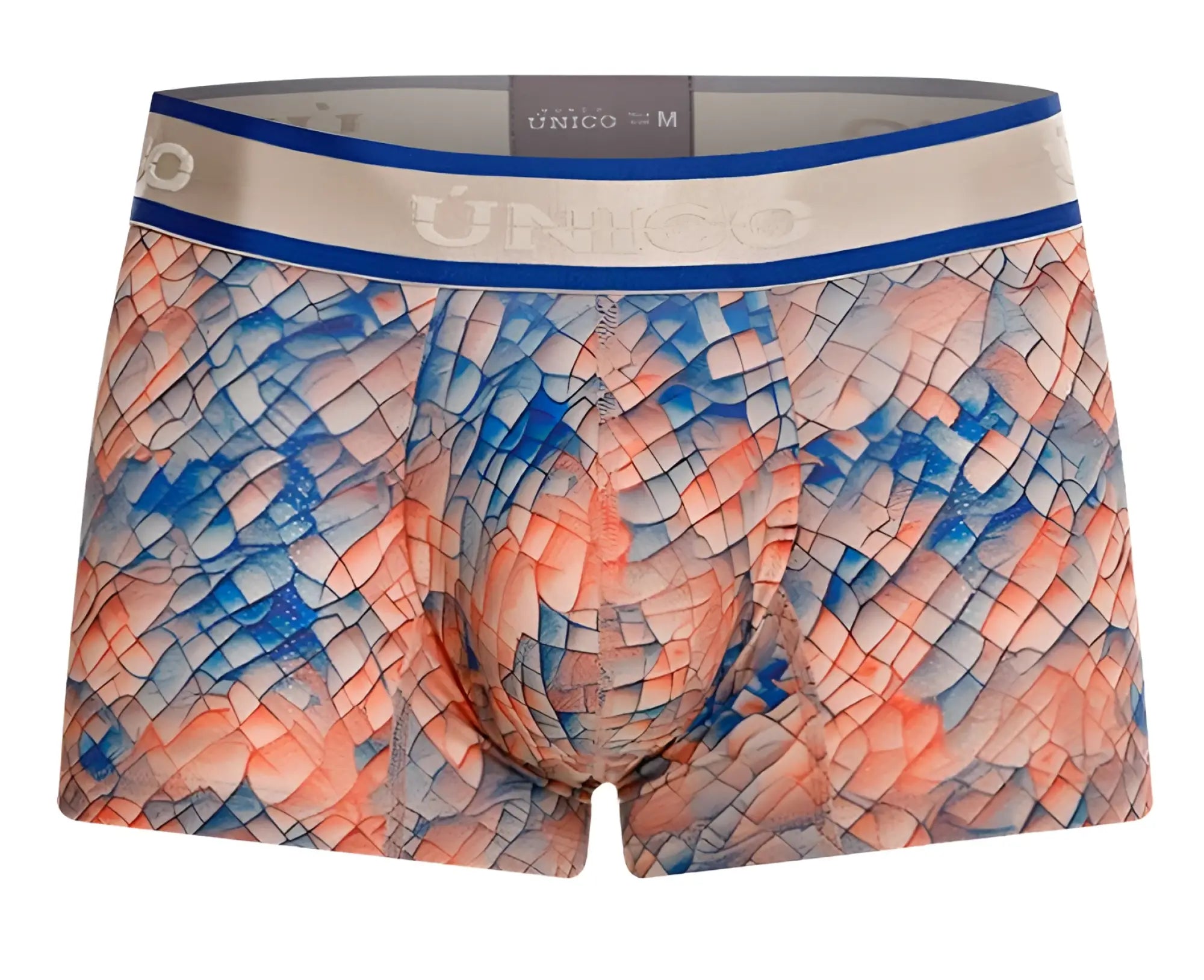 Unico 24100100109 aforo multicolored men’s boxer briefs with blue and coral scale pattern and gray waistband