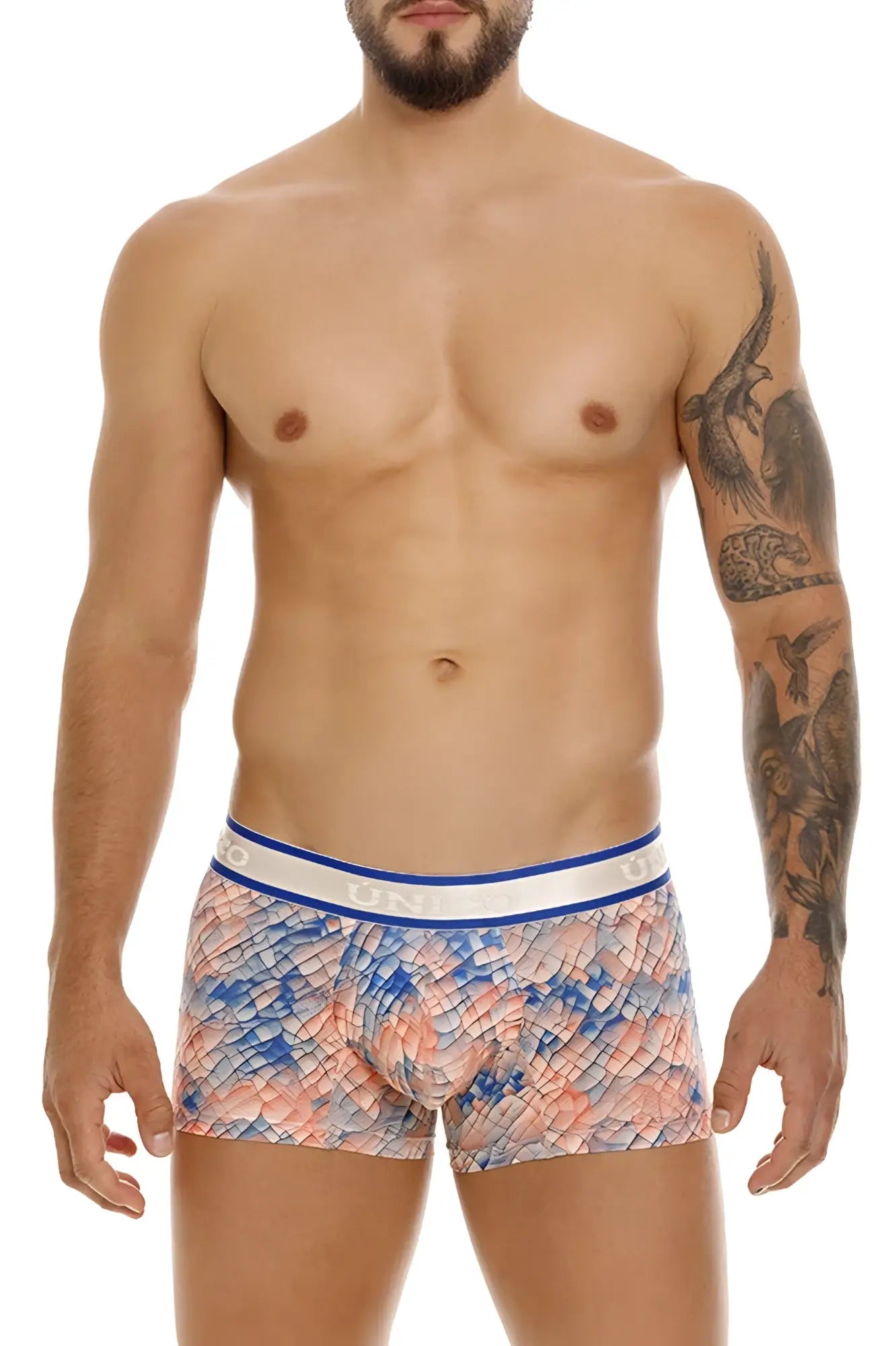 Unico 24100100109 aforo trunks in blue and pink scale-patterned boxer briefs with white elastic waistband and logo