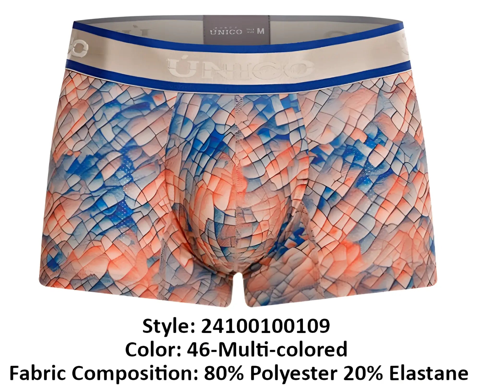 Unico 24100100109 aforo trunks color 46 multi-colored boxer briefs with blue and peach geometric scale-like pattern and beige waistband