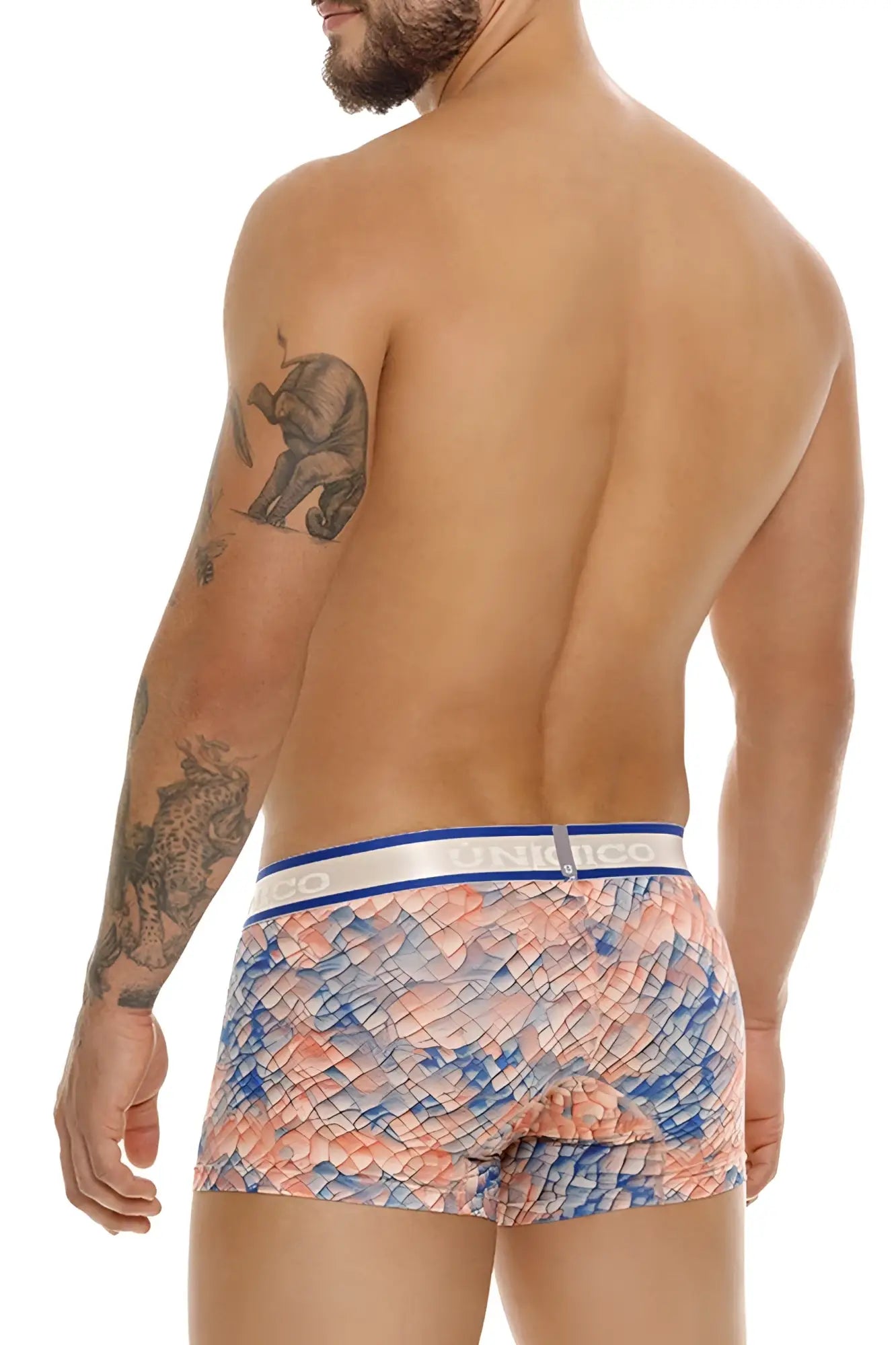 Men’s boxer briefs unico 24100100109 aforo trunks in coral pink and blue with white brand waistband multi-colored pattern