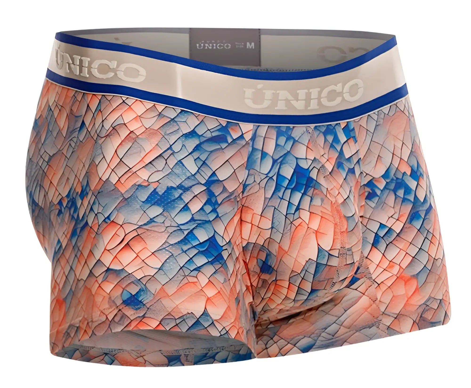 Unico 24100100109 aforo trunks men’s boxer briefs with vibrant blue coral snake-scale pattern and branded waistband