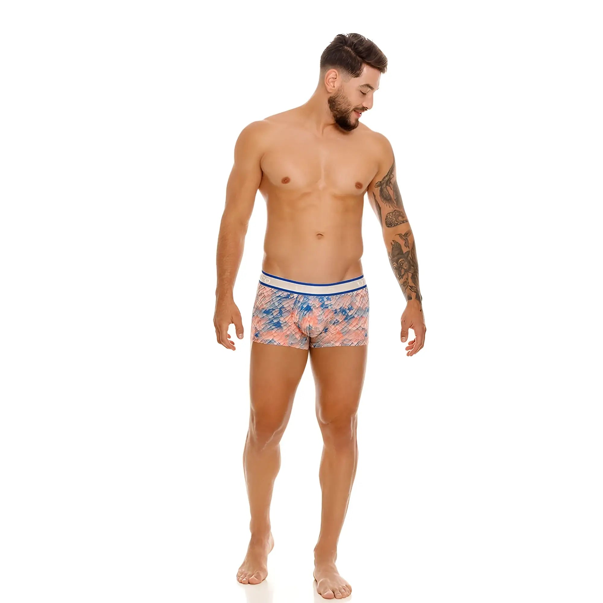 Men’s boxer briefs unico 24100100109 aforo trunks with vibrant blue and peach scale pattern and white elastic waistband
