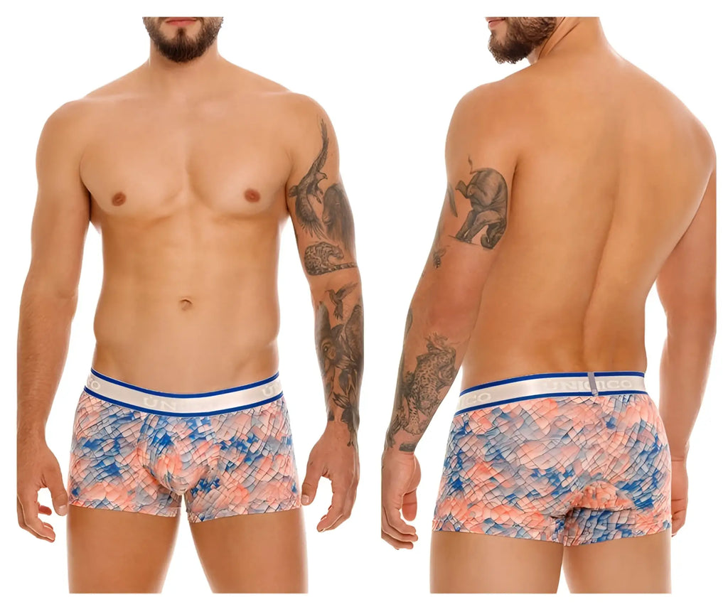 Men’s unico 24100100109 aforo multi-colored trunks with vibrant pink and blue scale pattern and white waistband with blue stripes