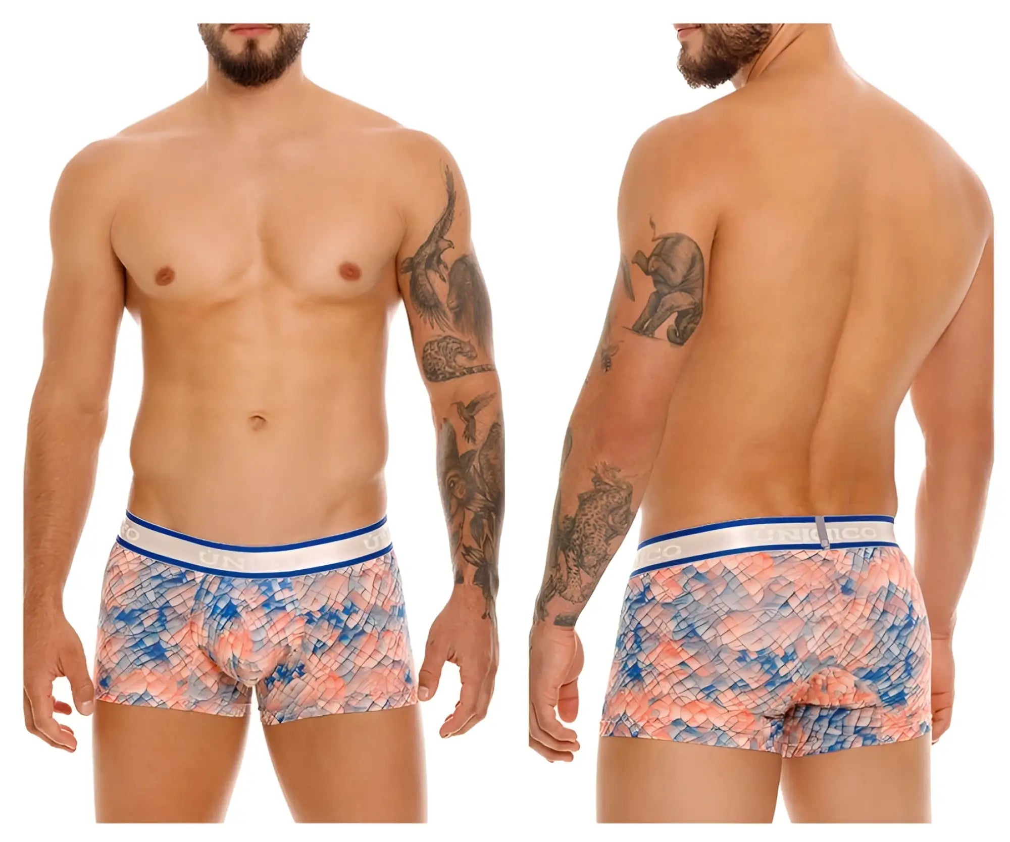 Men’s unico 24100100109 aforo multi-colored trunks with vibrant pink and blue scale pattern and white waistband with blue stripes