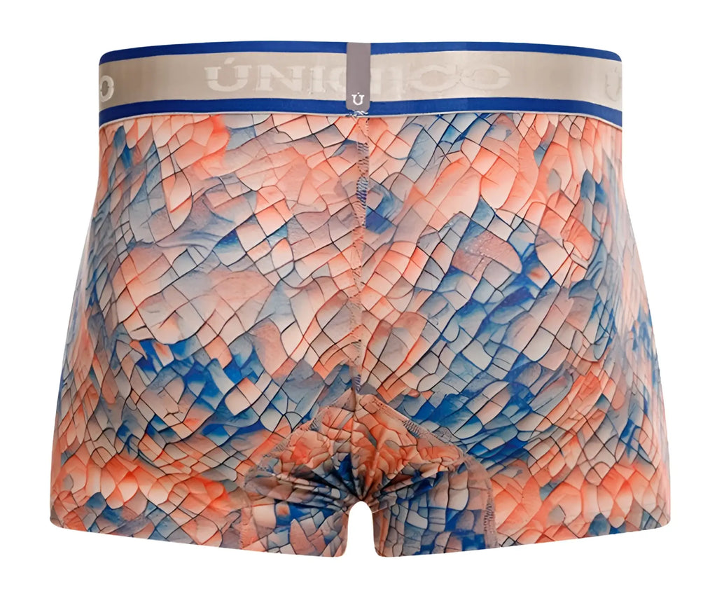 Uniqlo men’s unic 24100100109 aforo trunks boxer briefs with coral and blue scale pattern and gray waistband