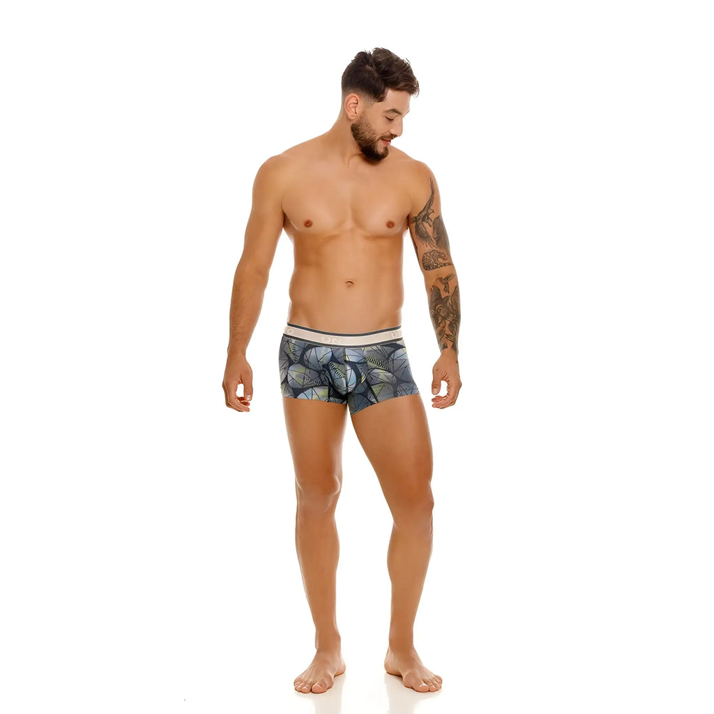 Unico 24100100113 Resplandecer trunks in gray with blue patterned boxer briefs and white waistband