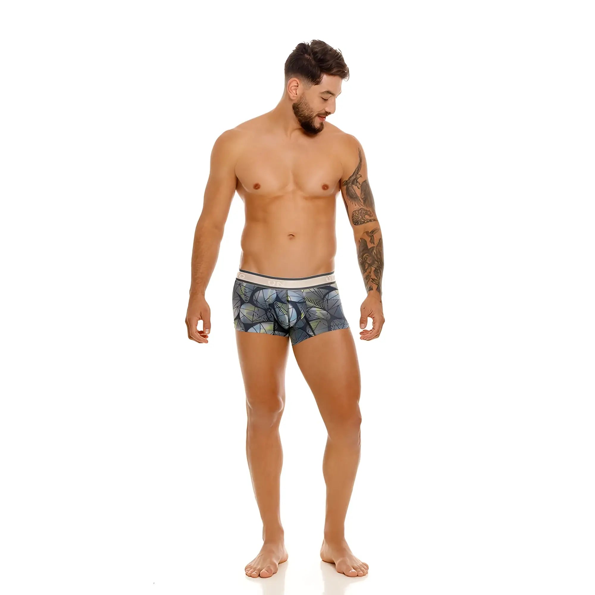 Unico 24100100113 Resplandecer trunks in gray with blue patterned boxer briefs and white waistband