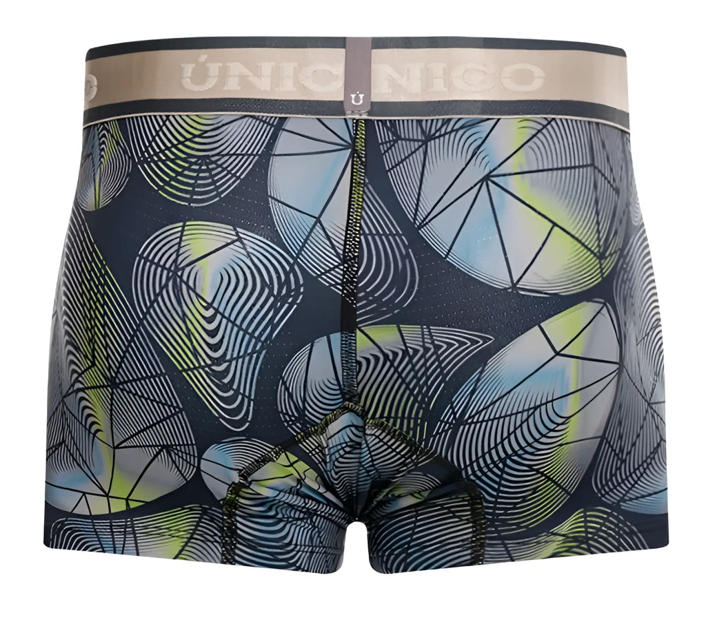 Unico 24100100113 resplandecer trunks men’s boxer briefs in dark navy with abstract geometric patterns in blue lime and white