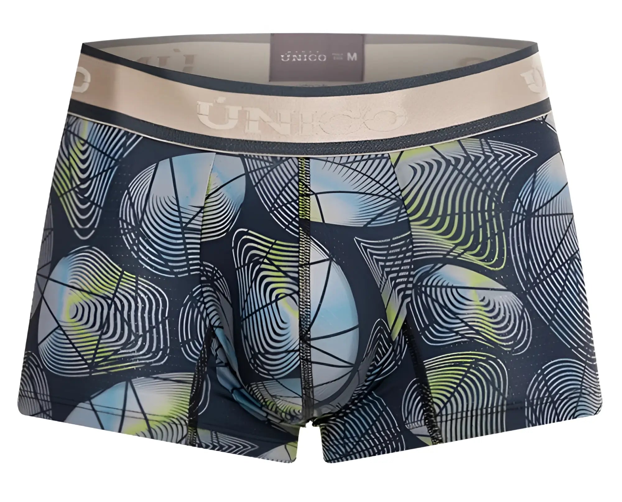 Dark blue men’s boxer briefs unico 24100100113 resplandecer trunks with bold abstract light blue lime green pattern