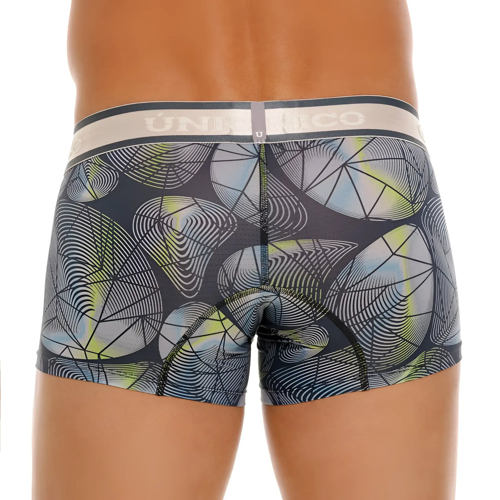 Unico 24100100113 Resplandecer trunks in dark gray briefs with modern geometric overlapping blue lime white circles pattern