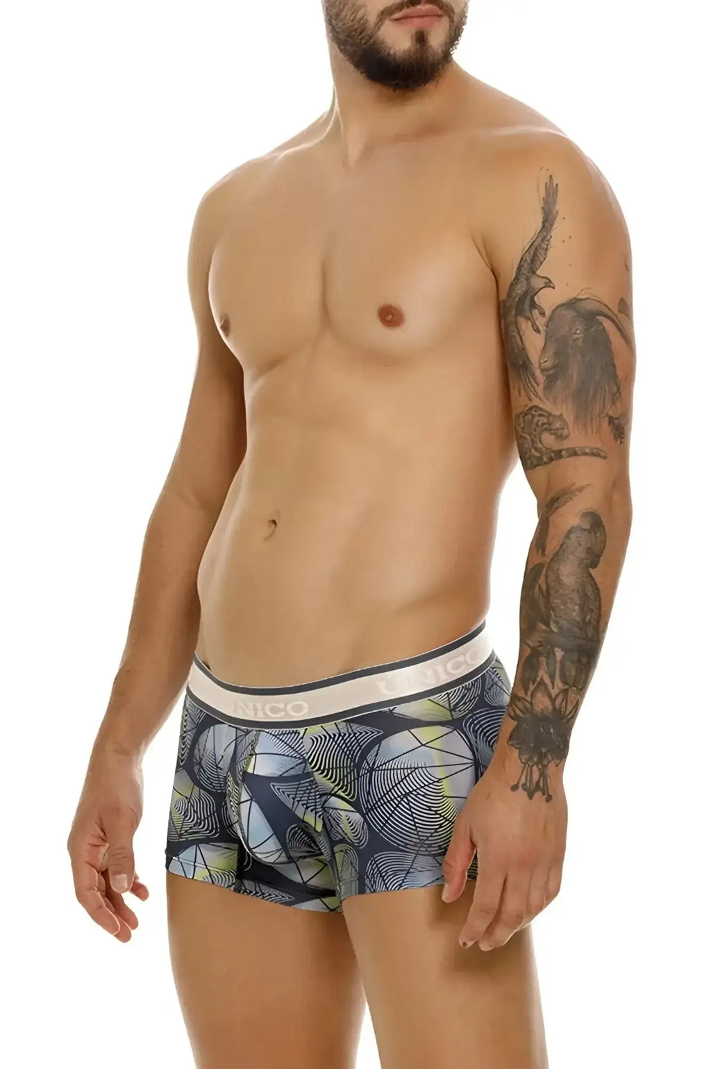 Unico 24100100113 Resplandecer trunks gray blue and green patterned boxer briefs with white branded elastic waistband
