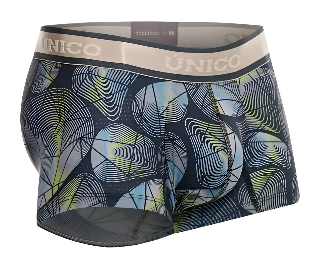 Dark blue unico men’s boxer briefs with vibrant abstract light blue lime green and white geometric pattern gray color