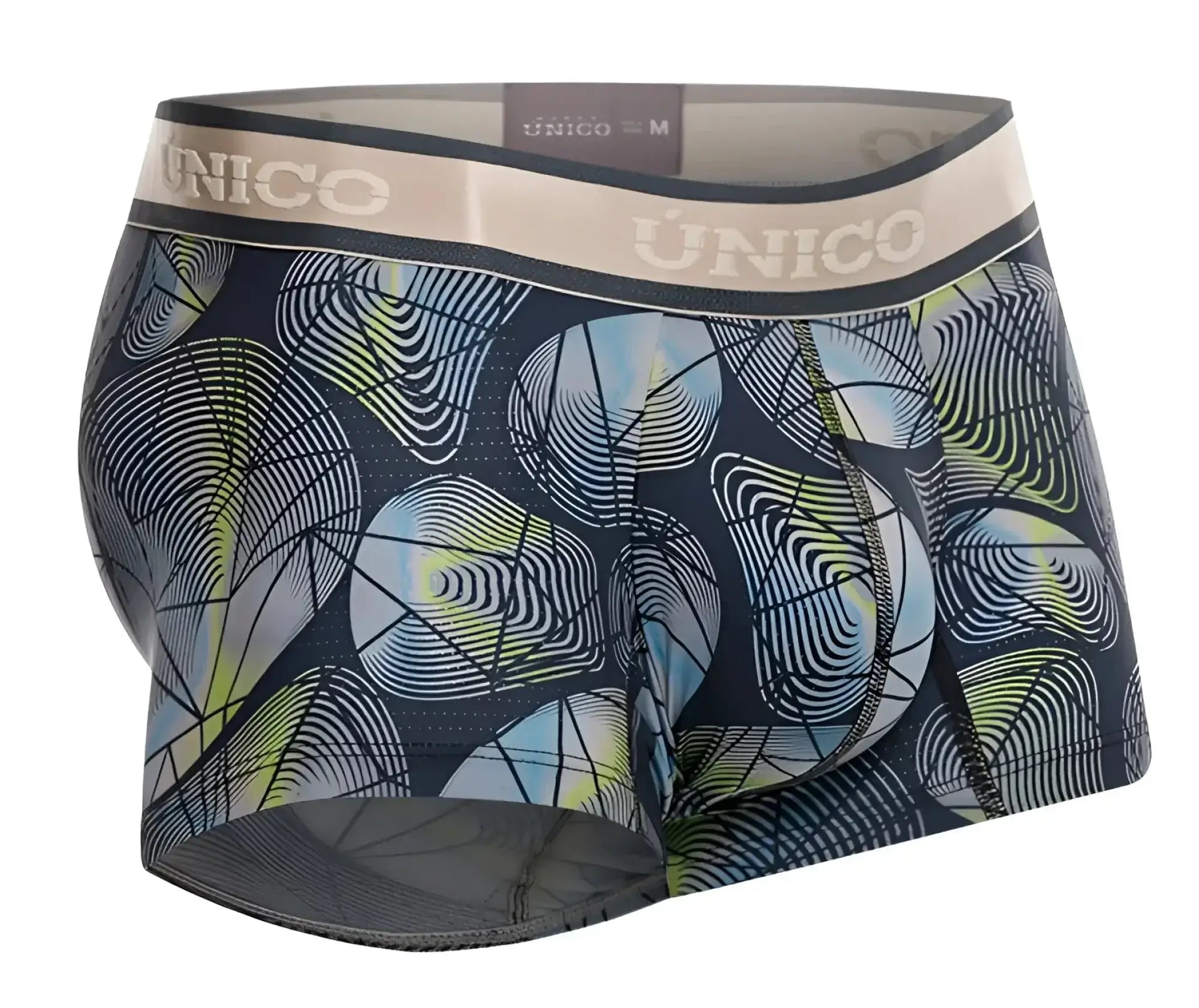 Dark blue unico men’s boxer briefs with vibrant abstract light blue lime green and white geometric pattern gray color
