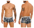 Men’s boxer briefs unico 24100100113 resplandecer trunks in blue gray and green abstract leaf pattern on navy base with white waistband