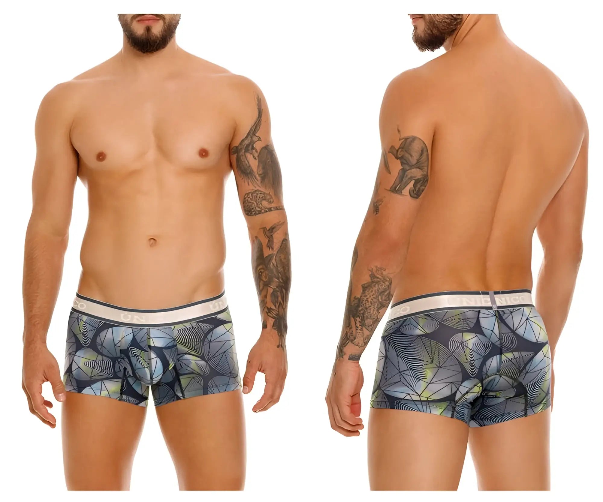 Men’s boxer briefs unico 24100100113 resplandecer trunks in blue gray and green abstract leaf pattern on navy base with white waistband