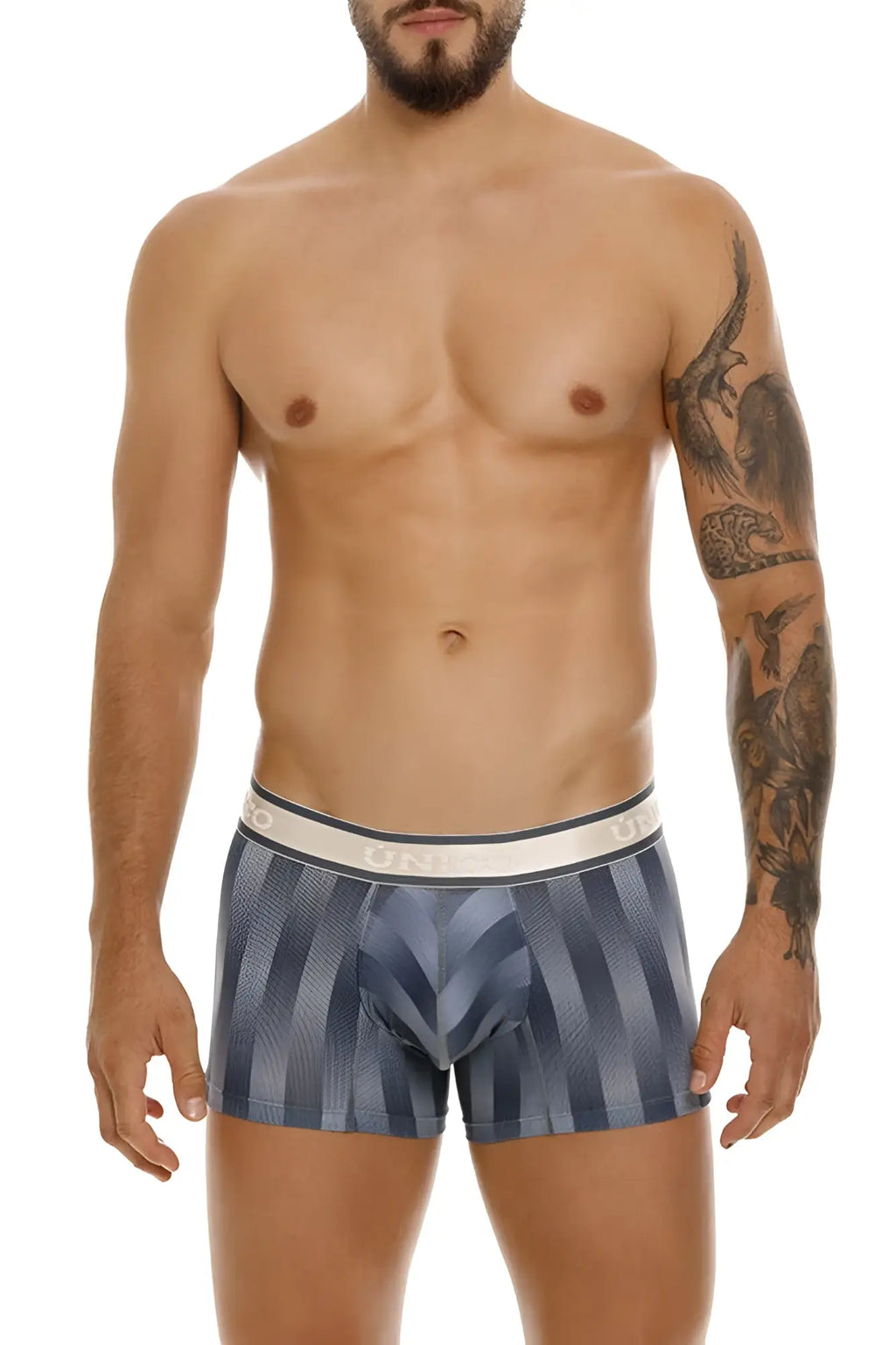 Blue and gray striped Unico 24100100114 Ejes trunks with white elastic waistband featuring the brand name