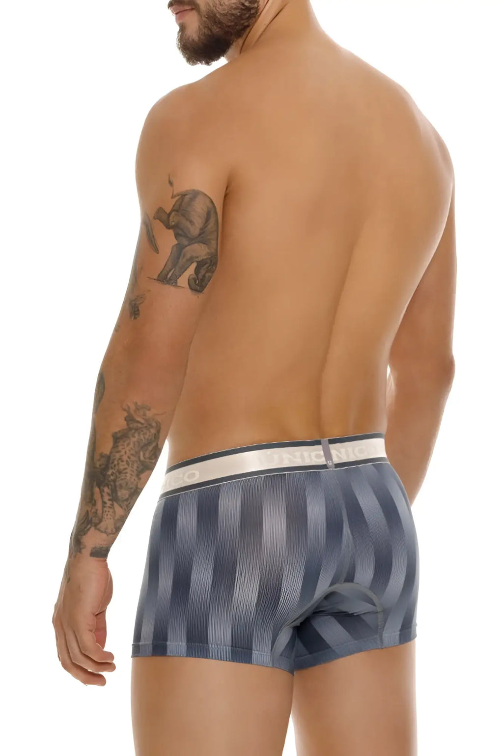 Unico 24100100114 ejes trunks color 59-gray boxer briefs with blue and gray stripes and a white elastic waistband
