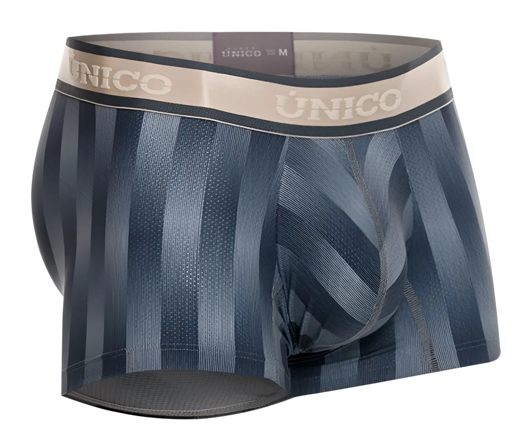 Blue striped men’s boxer briefs with beige unico waistband in gray color for comfortable everyday wear