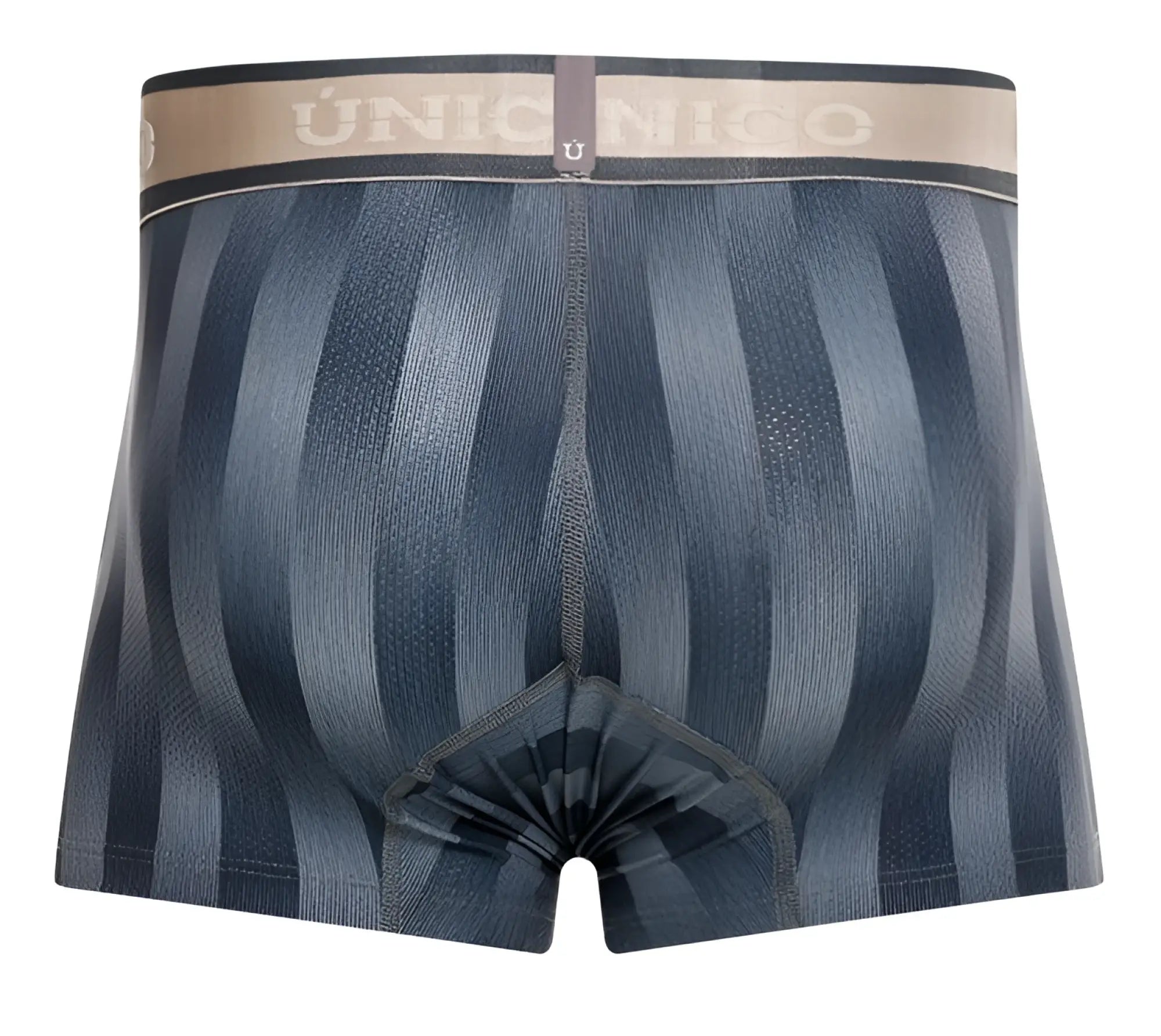 Dark blue striped boxer briefs with beige waistband featuring unique unicor brand name in color 59 gray ejes trunks