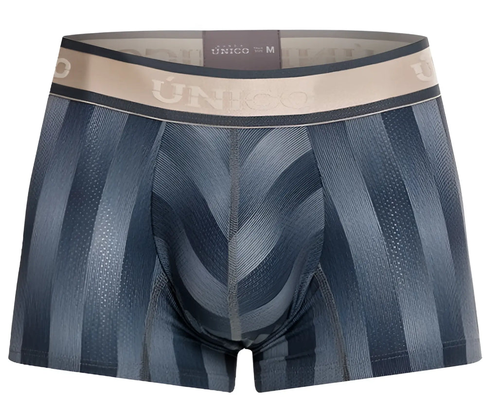 Men’s unico 24100100114 ejes trunks in gray with blue striped textured briefs and unico logo on waistband