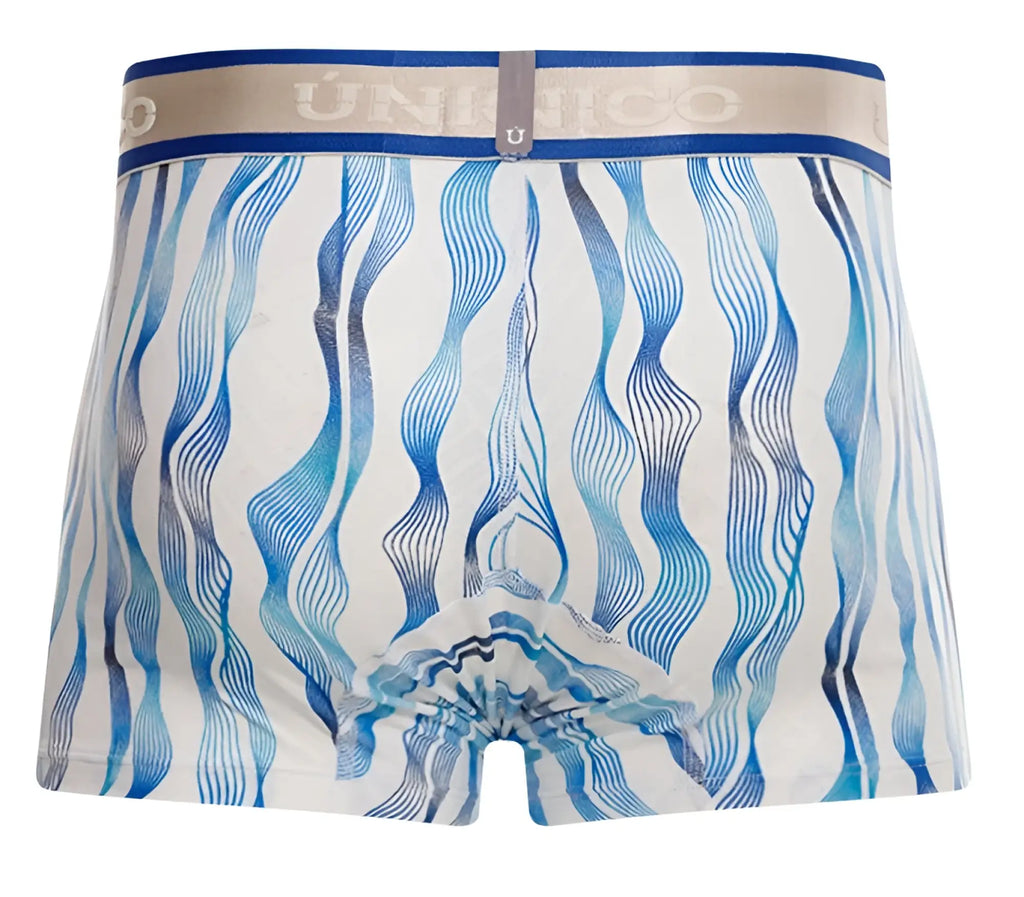 Blue and white patterned unico 24100100116 pomposo trunks with wavy line design boxer briefs front view