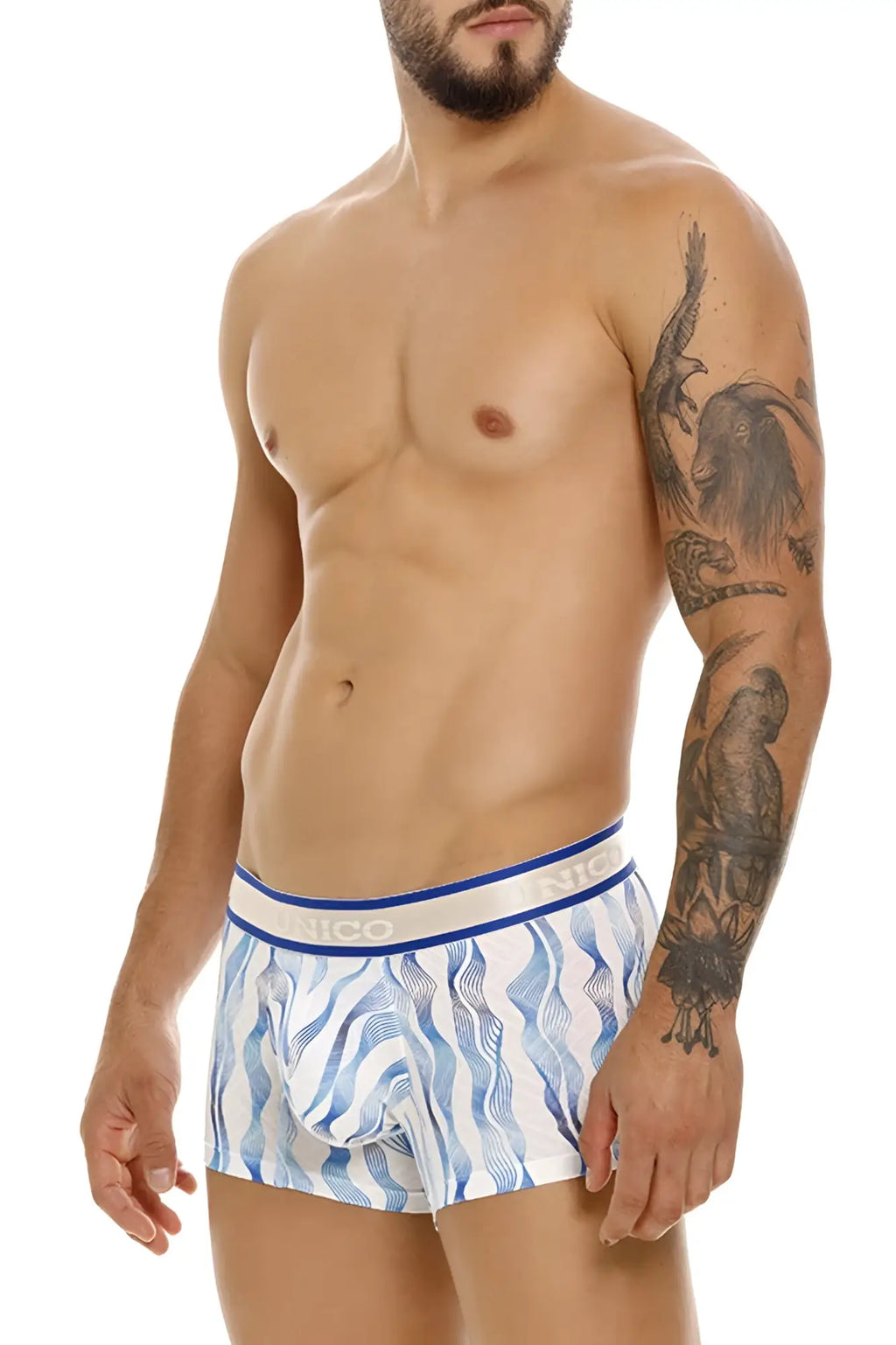 Blue and white patterned Unico 24100100116 Pomposo trunks with branded waistband men’s boxer briefs in white color