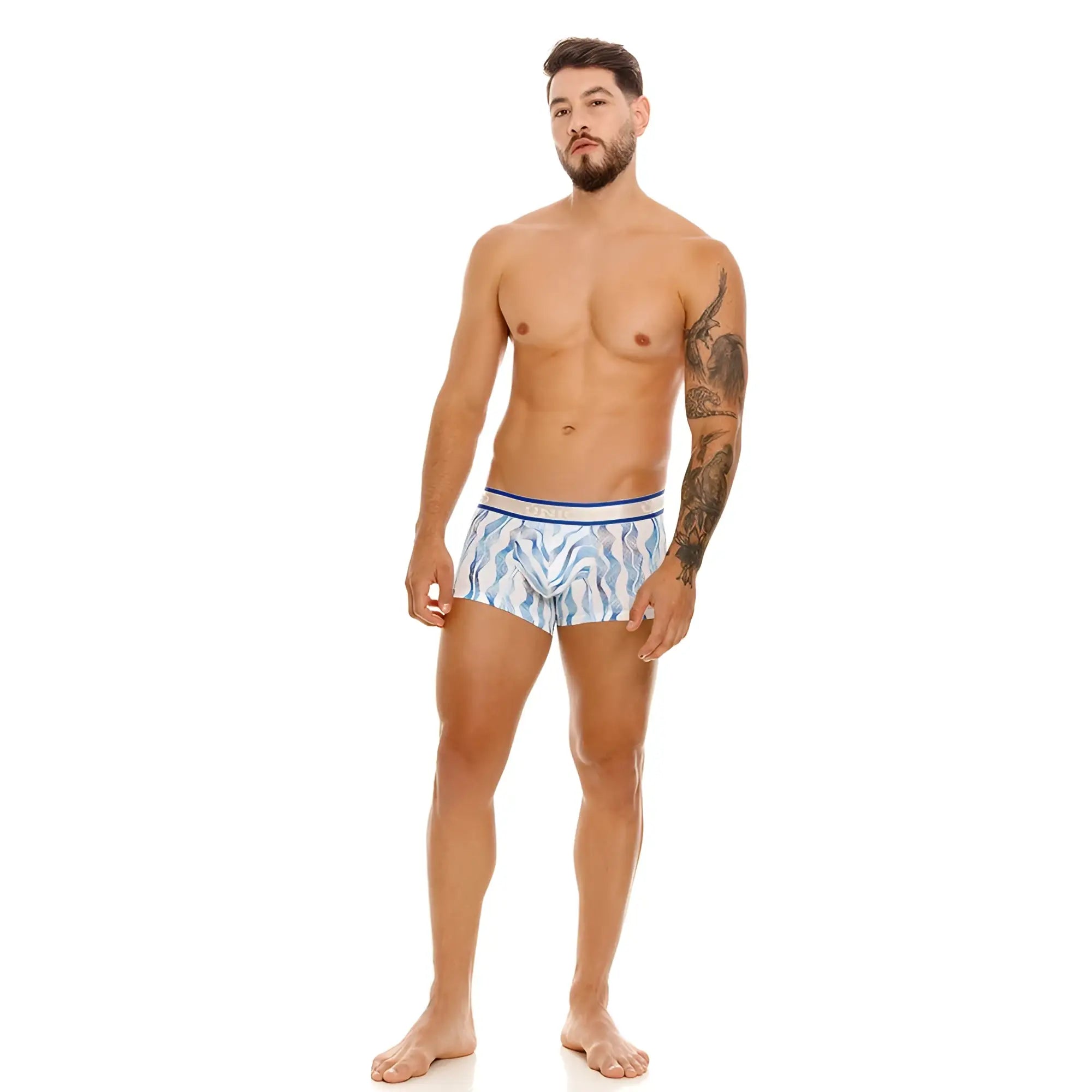 Unico pomposo trunks in blue and white patterned swim trunks with a sleek modern design color 46 white