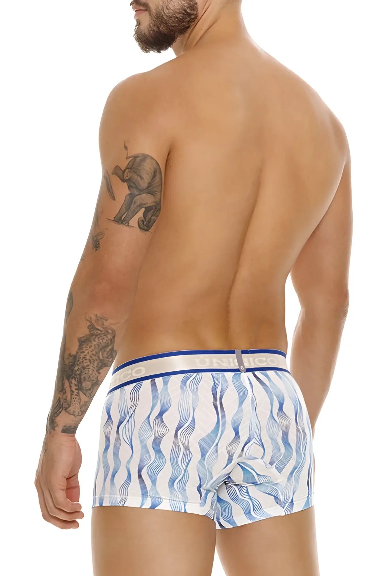 Blue and white wavy patterned unico 24100100116 pomposo trunks with blue elastic waistband boxer briefs