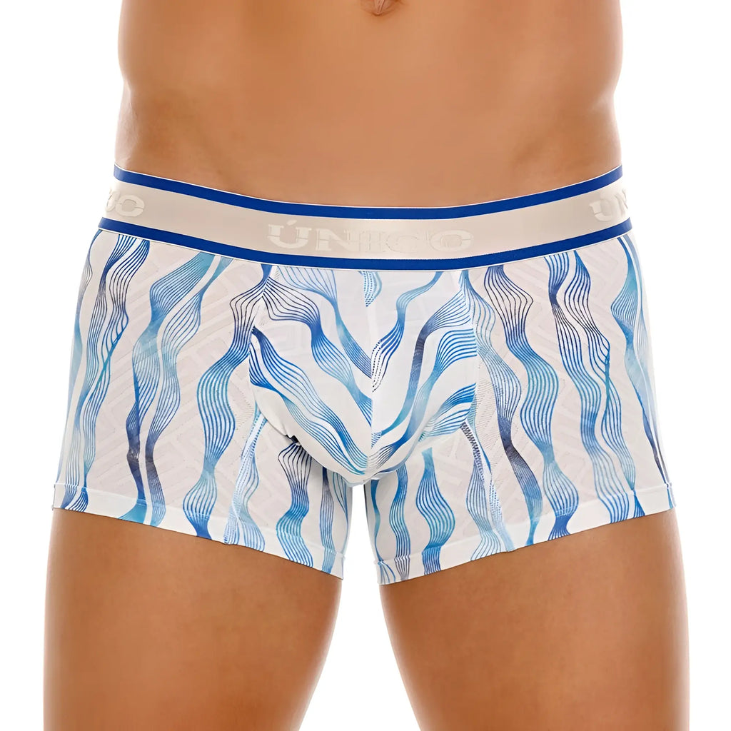 White and blue wavy patterned men’s briefs with branded elastic waistband unic0 24100100116 pomposo trunks color 46-white