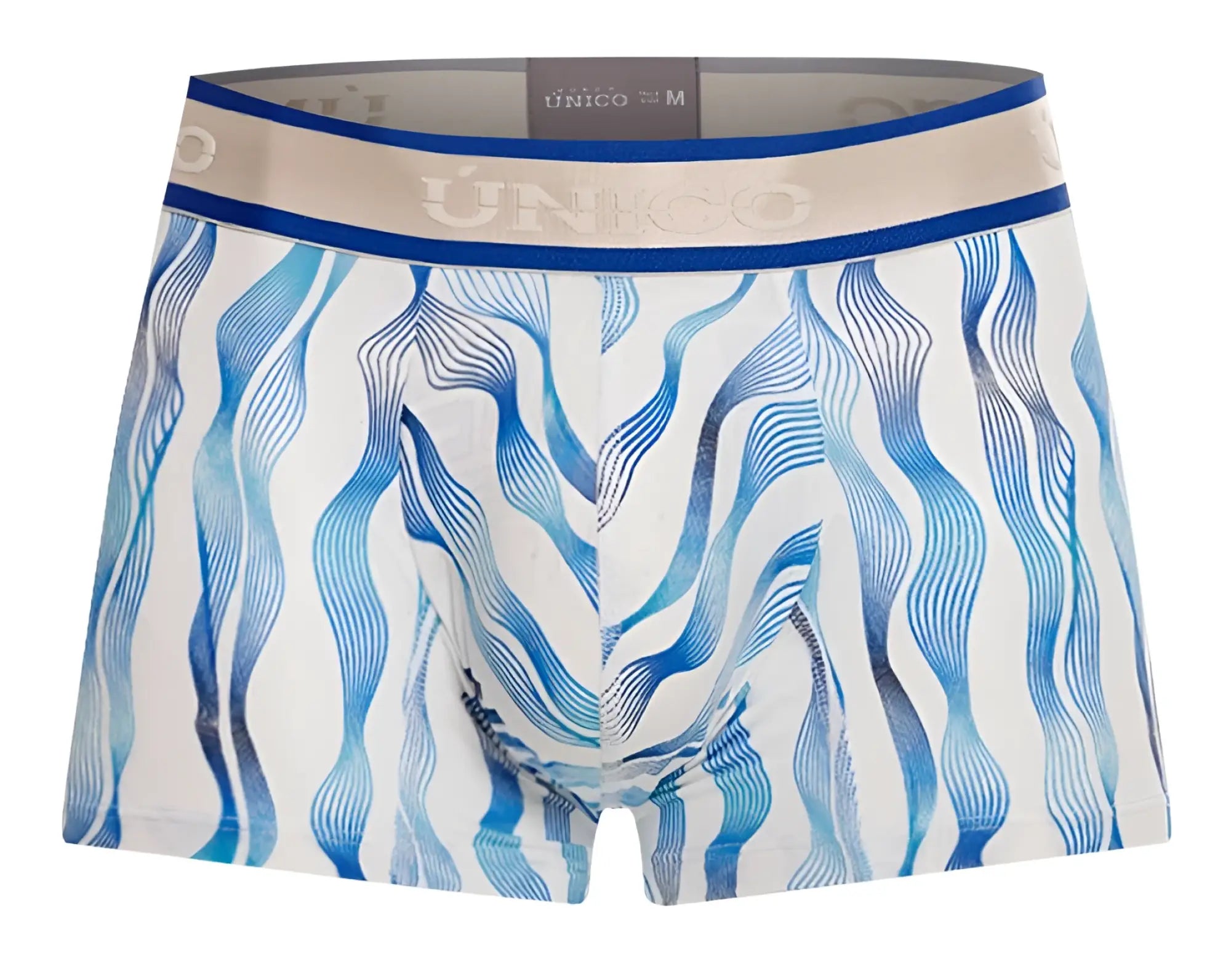 Unico 24100100116 Pomposo trunks white briefs with blue wavy pattern and beige waistband featuring unico brand name