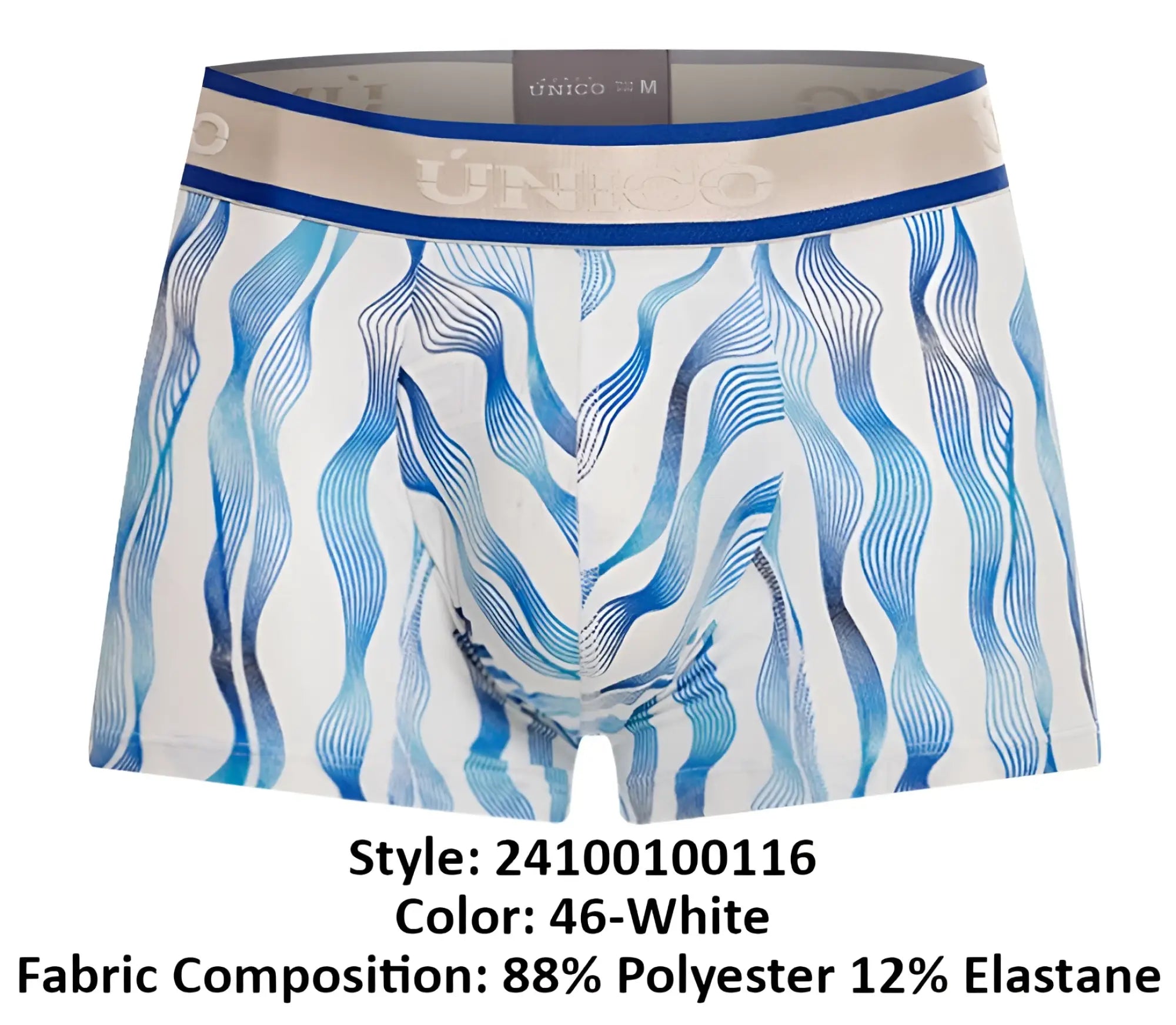 White boxer briefs unico 24100100116 pomposo trunks with blue wavy pattern and beige waistband with silver unico logo