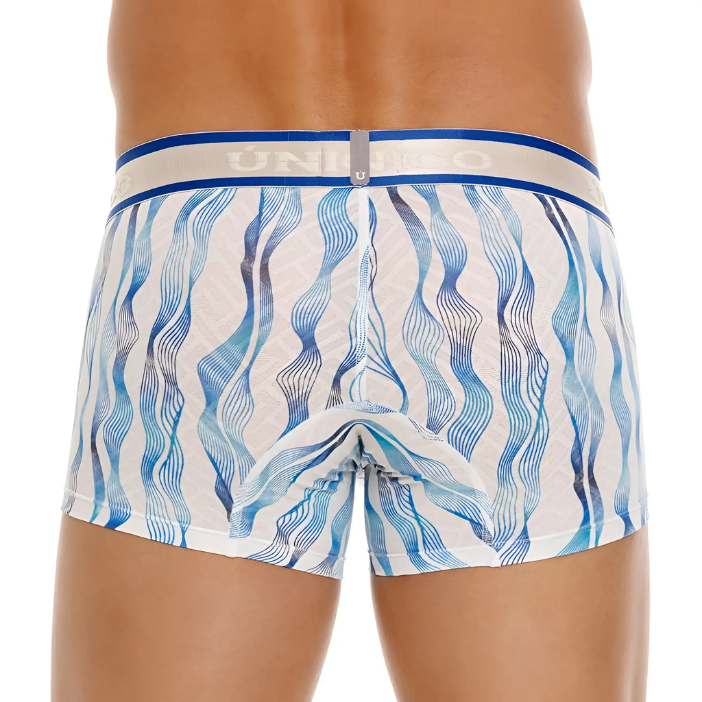 White unico 24100100116 pomposo trunks with wavy blue lines and navy-blue waistband featuring uniko brand name
