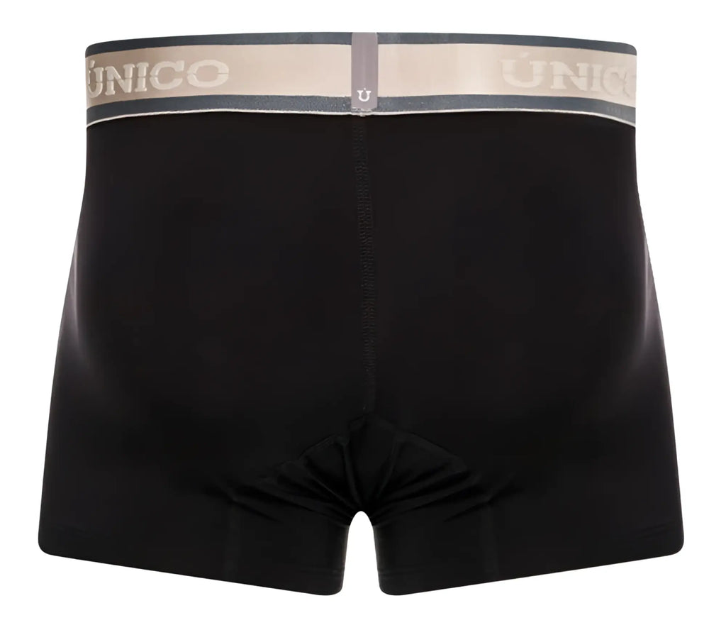 Black unico boxer briefs with gray and beige elastic waistband featuring unico branding in white letters